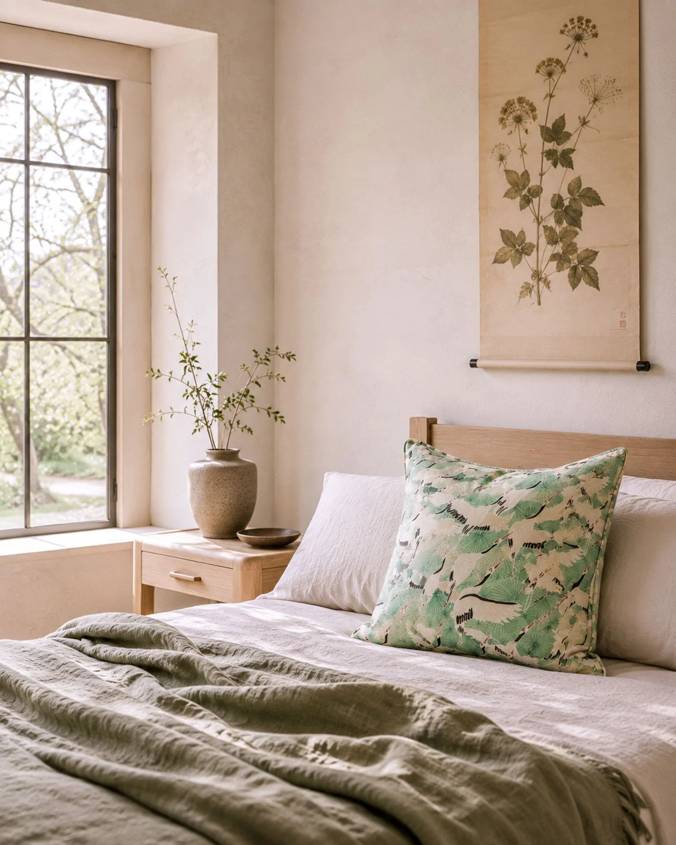 Cranes Green Cushion bedroom.jpg