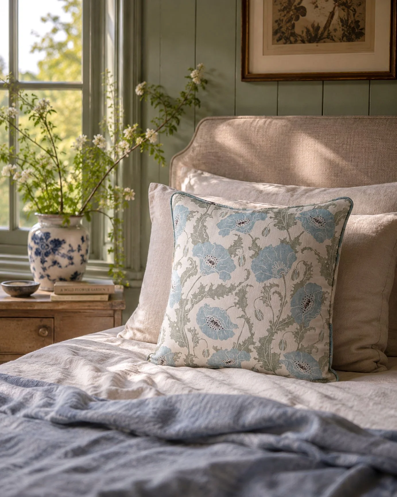 Poppies Blue Cushion Bedroom scene.jpg