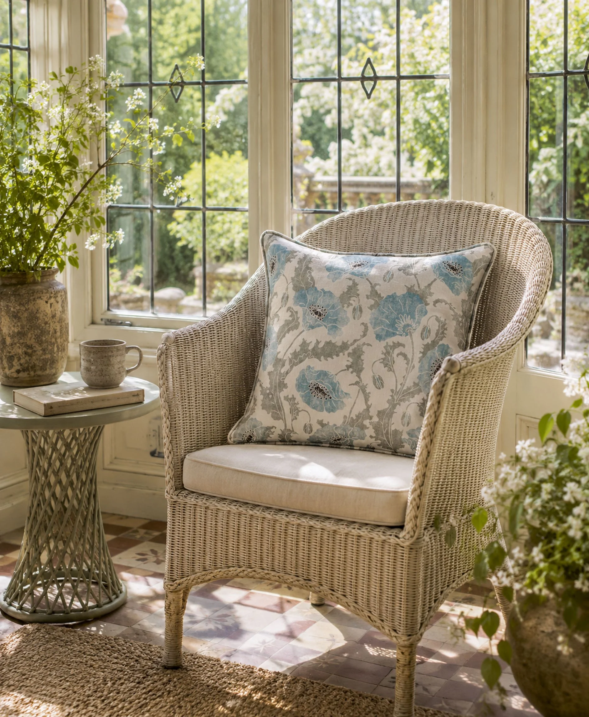 Cushions Poppies Blue Wicker armchair.jpg