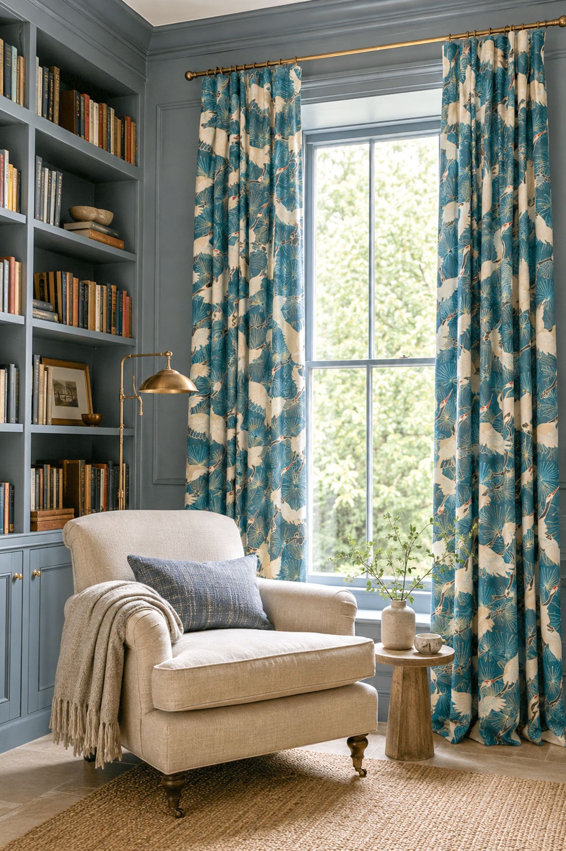 Cranes Blue Curtains Reading nook.jpg