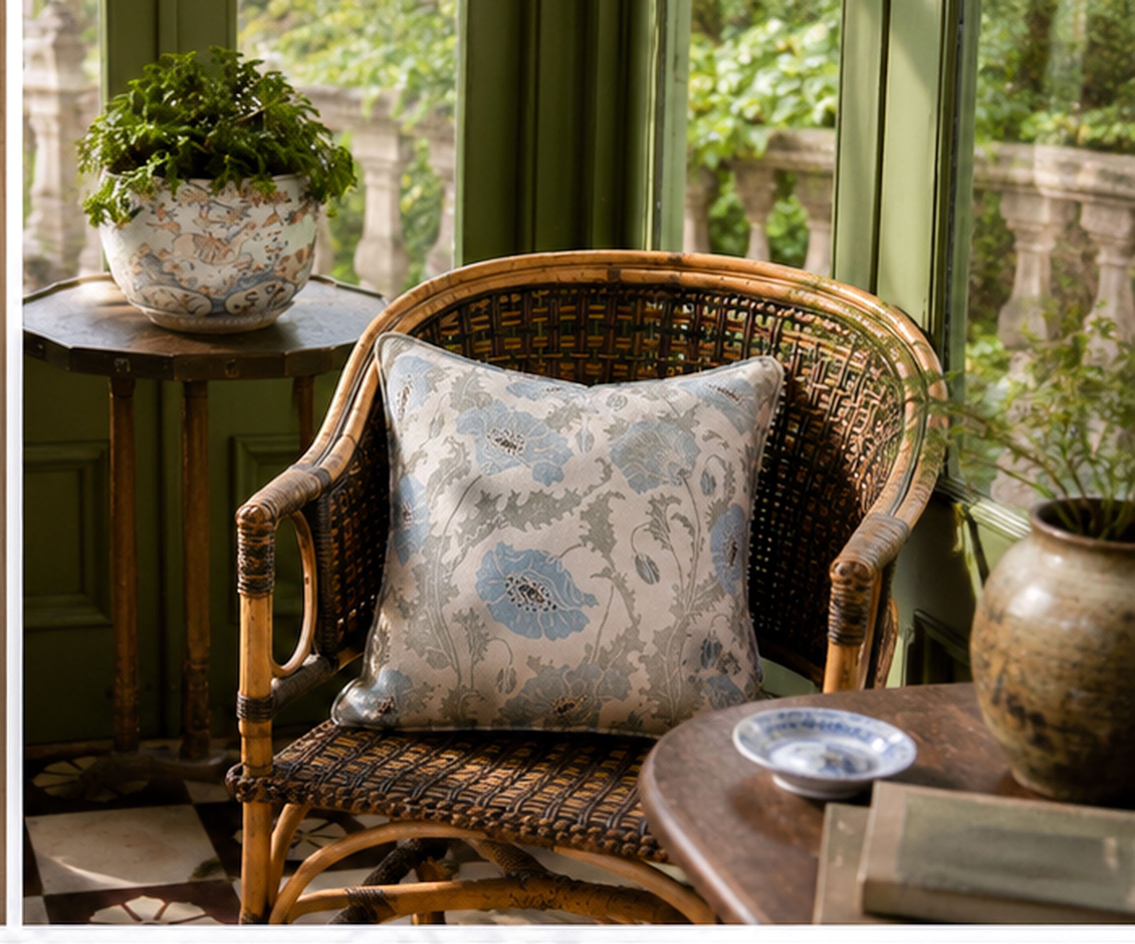Cushions Poppies Blue rattan chair.jpg