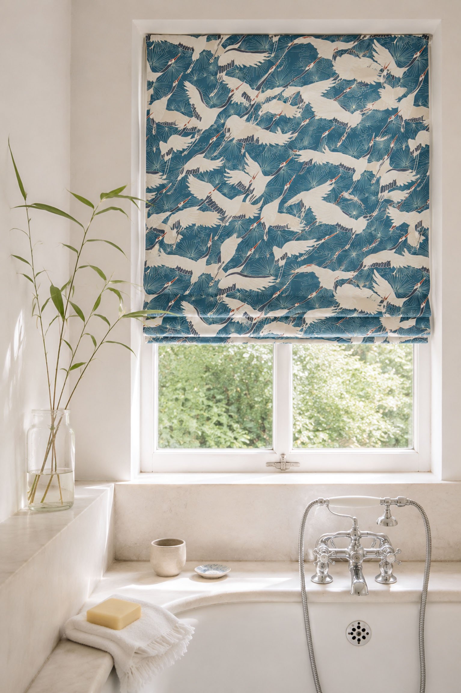 Textiles Cranes Blue Bathroom blind.jpg