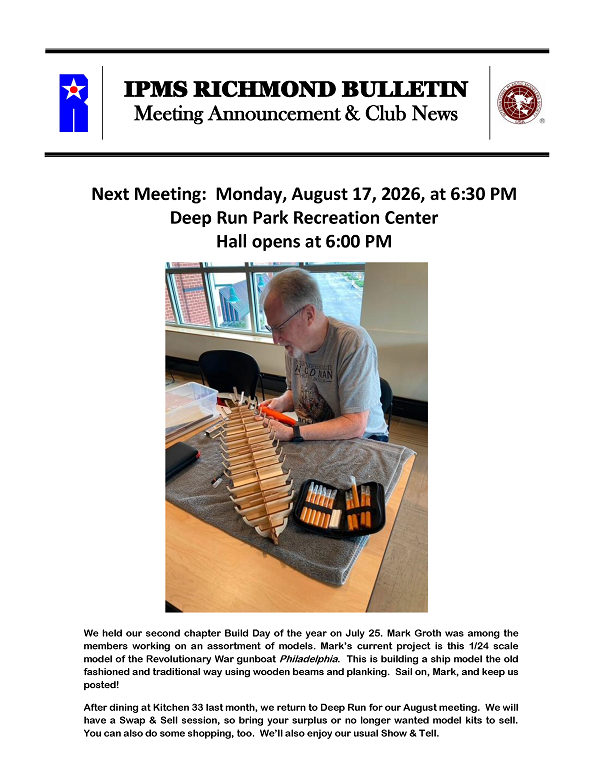 A bulletin announcing a meeting for the IPMS Richmond Club, scheduled for August 18, 2025, at Deep Run Park Recreation Center. The bulletin features a model of a Vietnam War Gamma Goat military vehicle on display, with a describer noting use in a model event and detailing upcoming model activities.