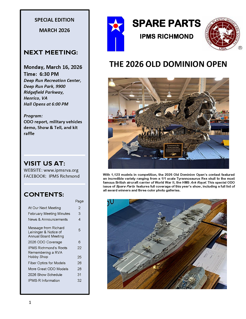 Event flyer for IPMS Richmond featuring a red double-decker bus model and a detailed Millennium Falcon model, with text describing the upcoming meeting and event details.