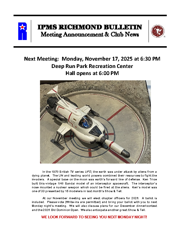 A newsletter with the title 'IPMS RICHMOND BULLETIN' announcing the next club meeting, featuring images of a scale model space shuttle and a detailed Gundam model.