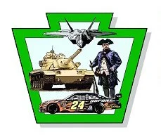 Illustration of military and racing images within a green shield-like shape. Includes a fighter jet, a soldier in uniform, a tank, and a race car.