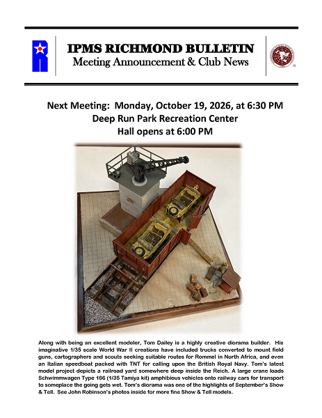 A flyer for the IPMS Richmond Bulletin announcing the next meeting on October 20, 2025, featuring a photograph of a small military model jeep with a white star on the hood, and other model accessories on a table.