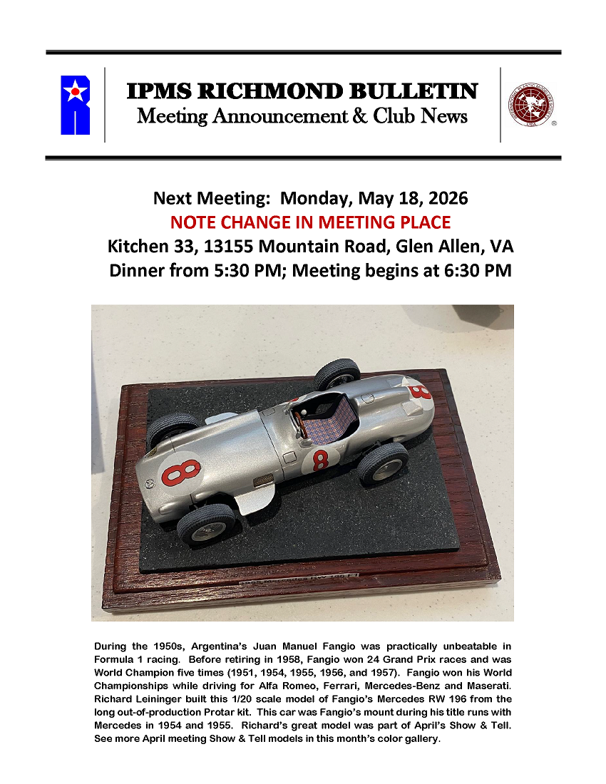 A newsletter page titled 'IPMS Richmond Bulletin Meeting Announcement & Club News' with a detailed image of miniature soldiers in a diorama depicting a battle scene, along with meeting details and a brief history of a previous diorama.