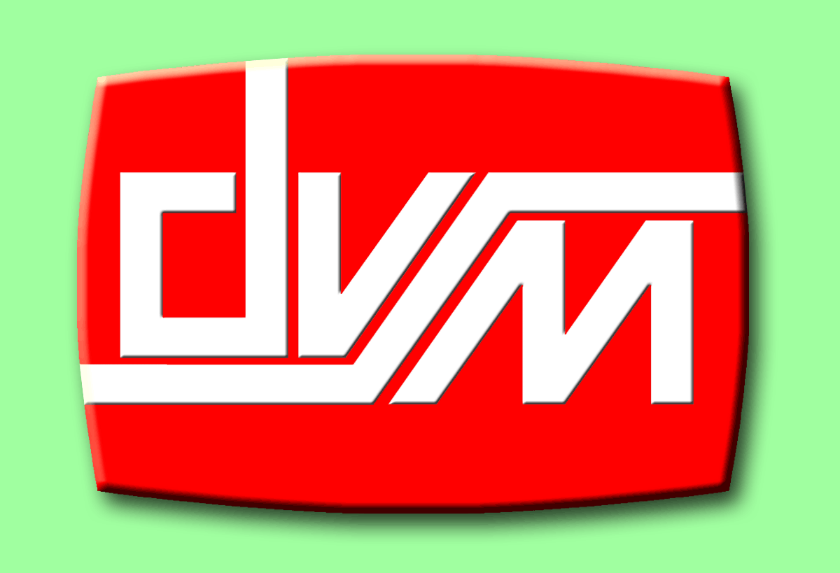 A red and white logo with stylized letters on a light green background.