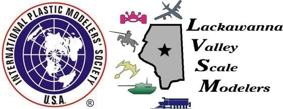 Logos of the International Plastic Modelers Society U.S.A. and Lackawanna Valley Scale Modelers, featuring icons of a globe, an airplane, a horse, a tank, a ship, and a train.