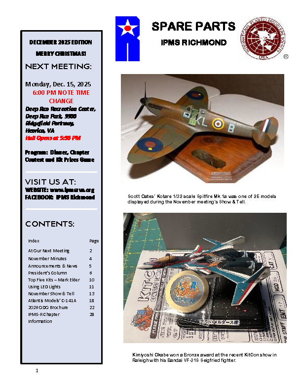 A newsletter for the December 202 edition of Spare Parts, a publication by IPMS Richmond. The left side shows details about the next meeting on December 16, 2024, at Deep Run Recreation Center, with a note about the meeting's start time at 5:30 PM and a program including dinner, a chapter contest, and prize drawing. The newsletter features a photo of a miniature diorama depicting a German warehouse being overrun by Soviet troops in early 1945, and a model of a U.S. Navy aircraft