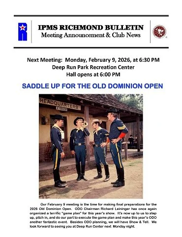 A flyer for the IPMS Richmond Bulletin announcing the next meeting on February 10, 2025, at 6:30 PM at Deep Run Park Recreation Center, with a mission to prepare for the 2025 Old Dominion Open. The flyer features a photo of a Snoopy model airplane with a dog-shaped body, and includes a description of a beagle flying ace searching for the Red Baron, referencing model miniature details.