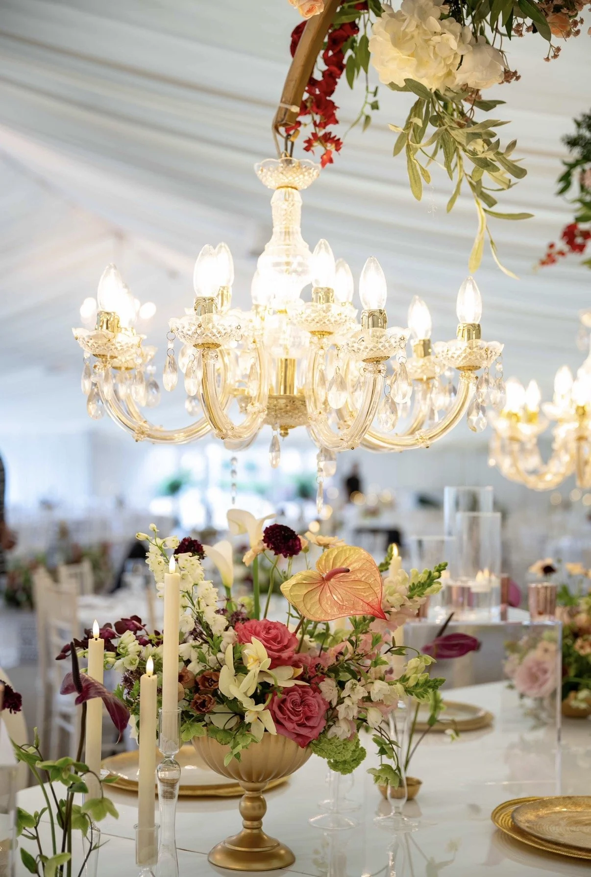 Top Table Burgundy flowers. Asian wedding flowers. North Mymms