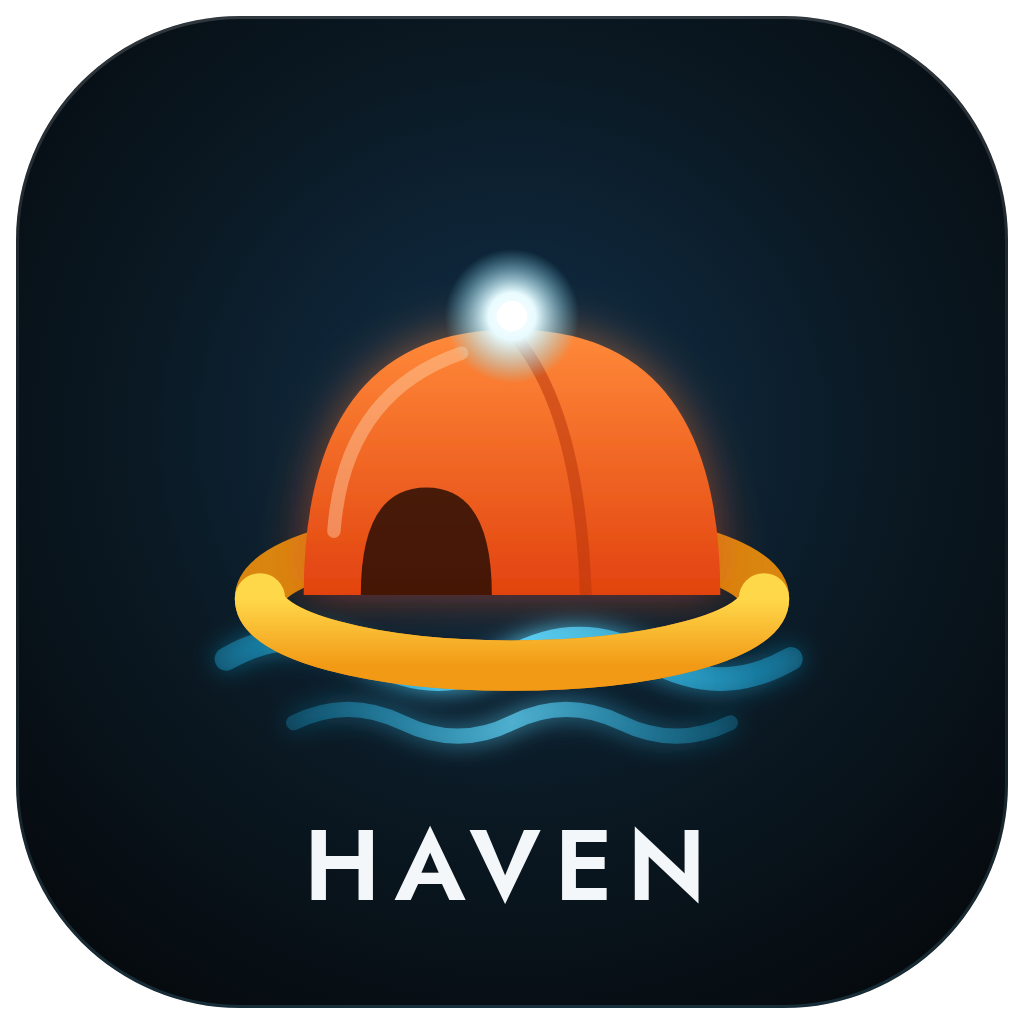 Digital illustration of a tent inside a life buoy floating on water with the word 'HAVEN' below.