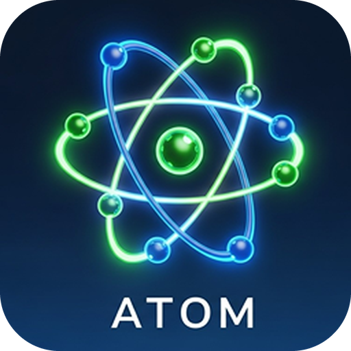 ATOM app icon — a glowing atom with orbiting electrons, for the VR periodic table experience