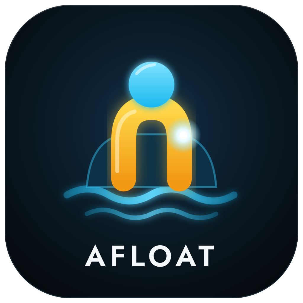 Digital icon of a person floating on water with a blue head and yellow body, circles representing water splashes, and the word 'Afloat' underneath.