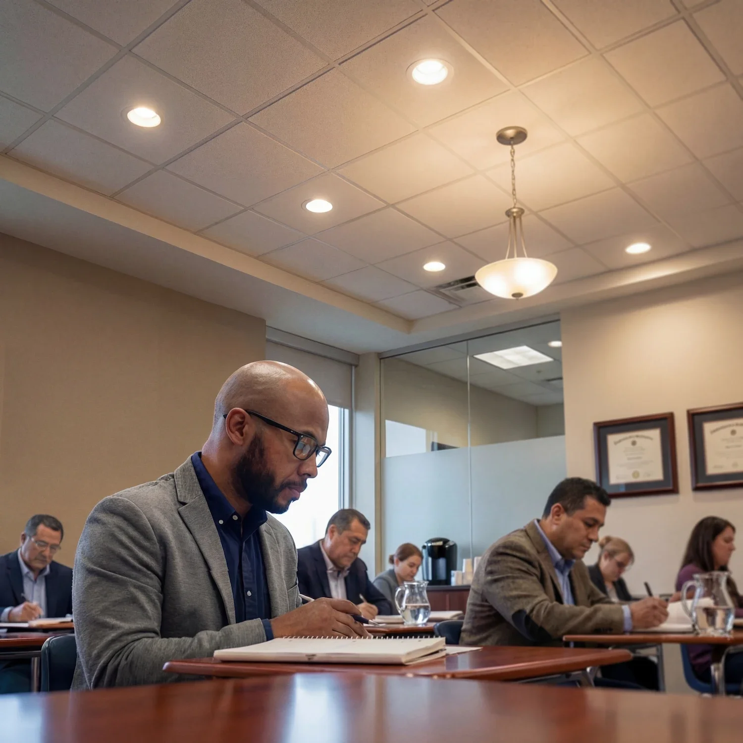 A group of professionals sitting at desks in a conference room, taking notes during a meeting.