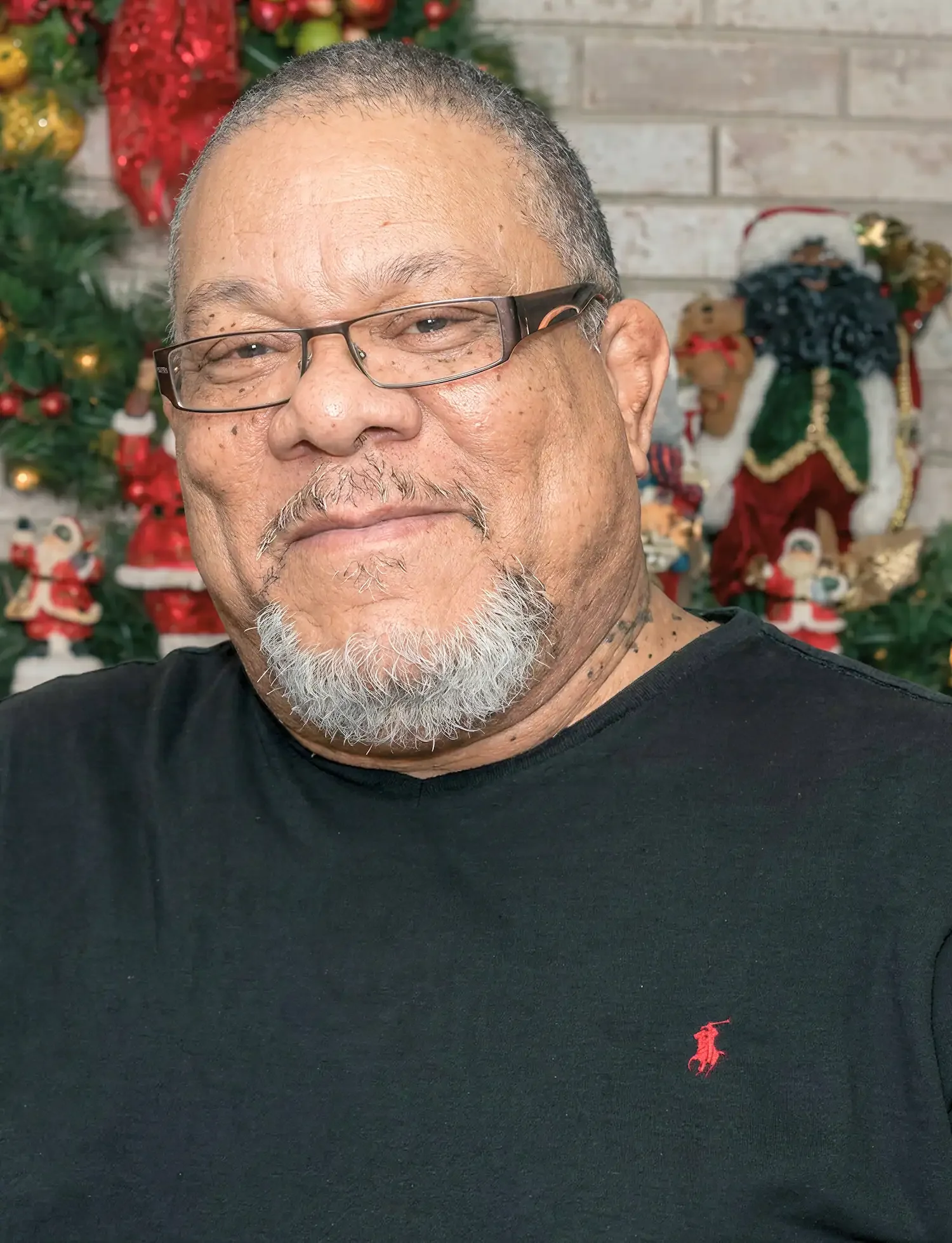A man with glasses, gray beard, and mustache, wearing a black Polo shirt, smiling in front of Christmas decorations including a decorated tree, ornaments, and stuffed reindeer and Santa Claus figures.