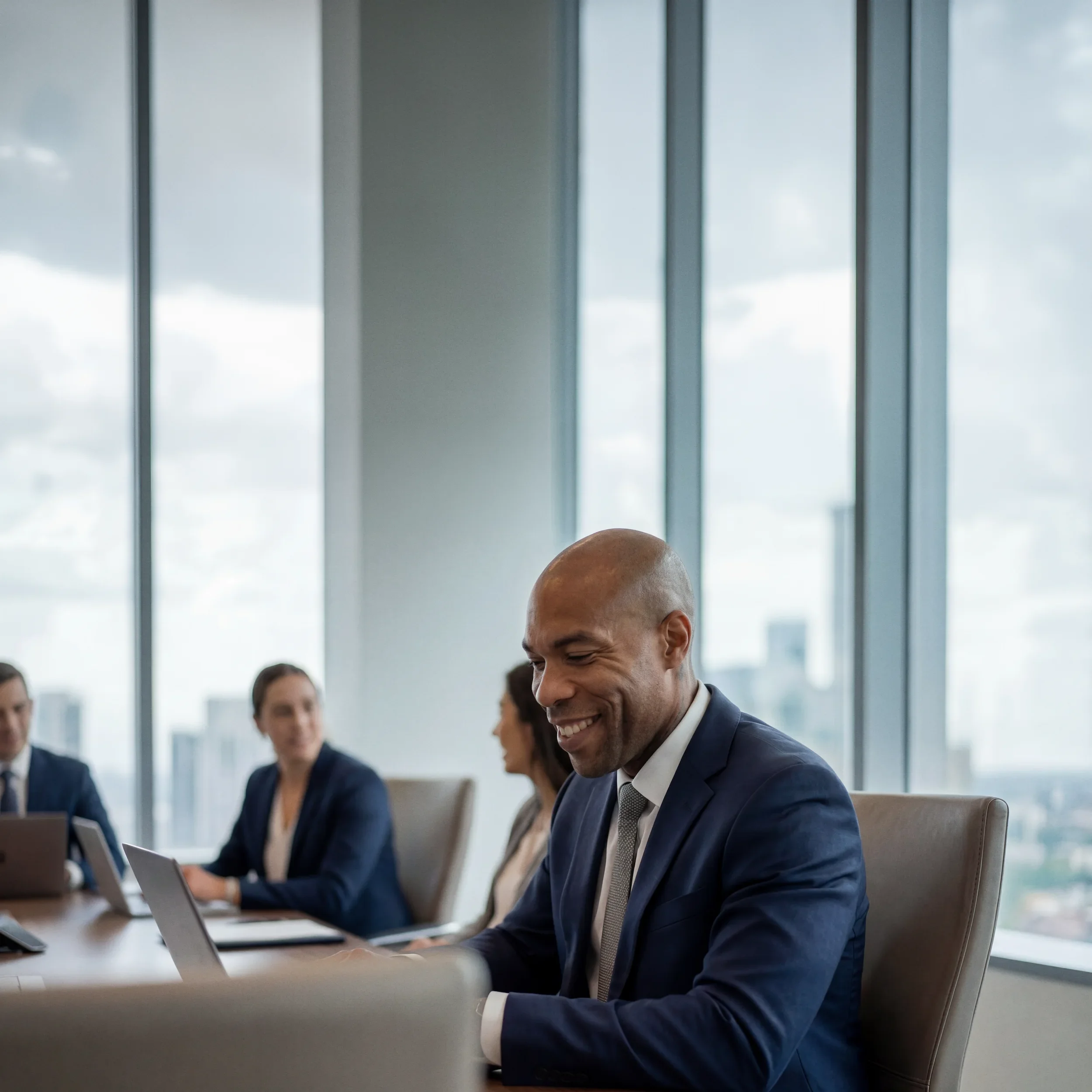 Business professionals in a conference room with floor-to-ceiling windows, engaged in a meeting; man in foreground smiling and working on a laptop.
