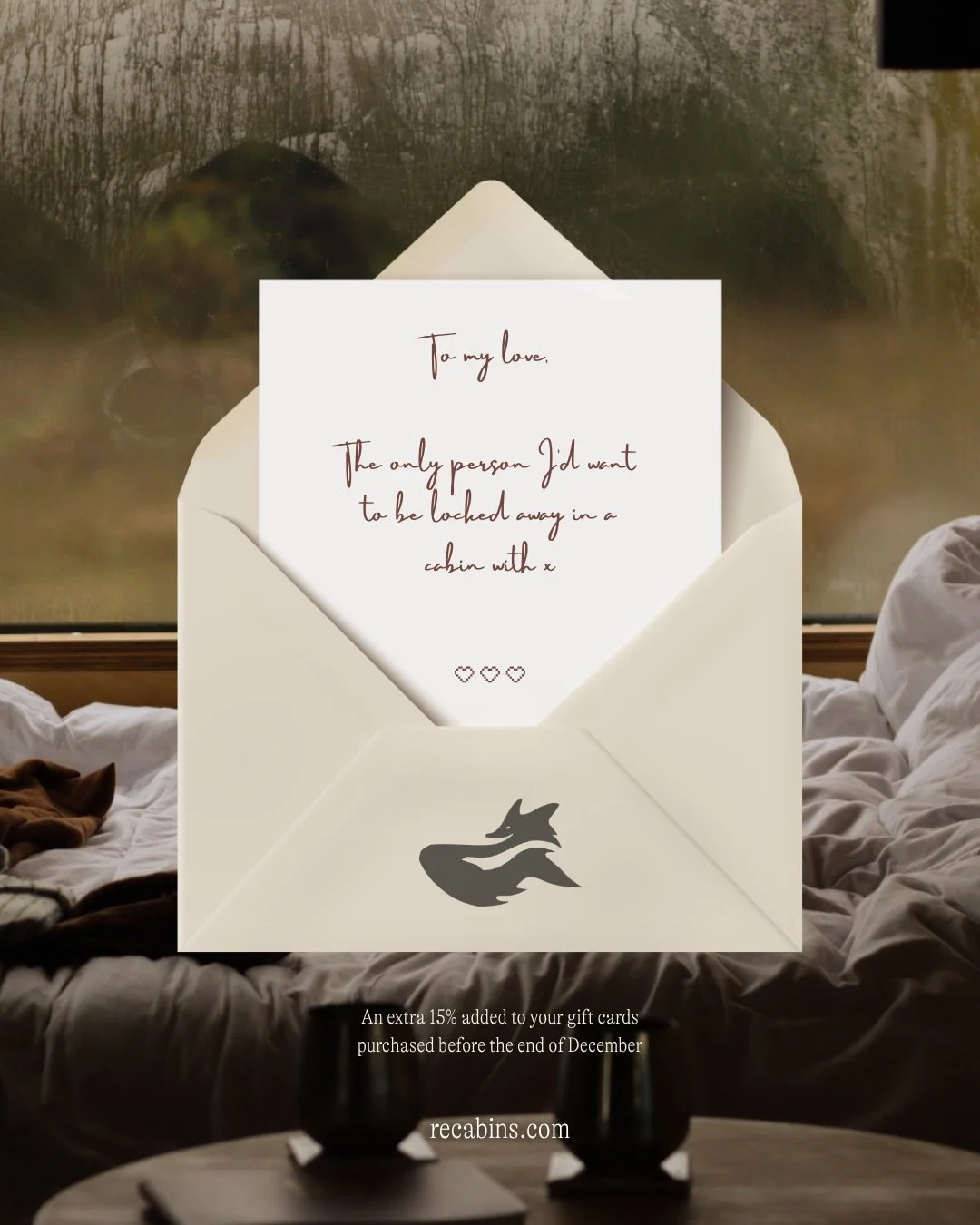 A gift card for every occasion, every special thank you, every note of appreciation 💛

Every gift card order between now and the end of December automatically has an extra 15% added. Redeemable across all of our cabins 🌿

[ gifts, gift of nature, c