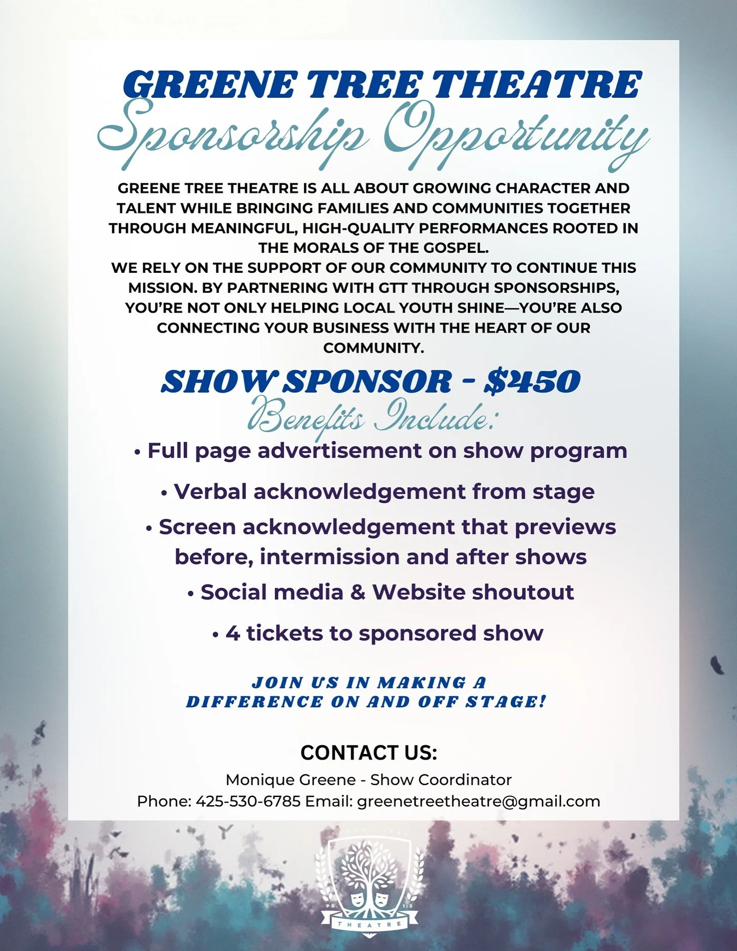 Calling all businesses! We are looking for some other business to partner with who would be willing to sponsor a show! 

For those who don&rsquo;t know we are a small Christian theatre company here in San Diego who have been running about 2 years now