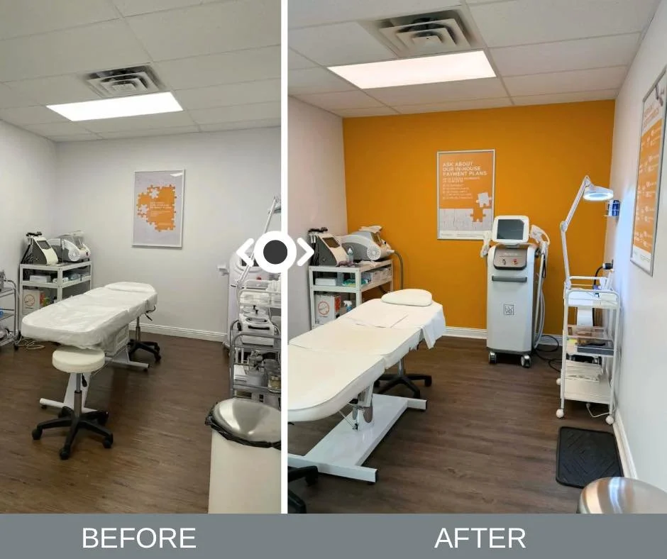 Before and after renovation of DermaEnvy St. John’s skincare treatment room with orange feature wall and medical aesthetics equipment