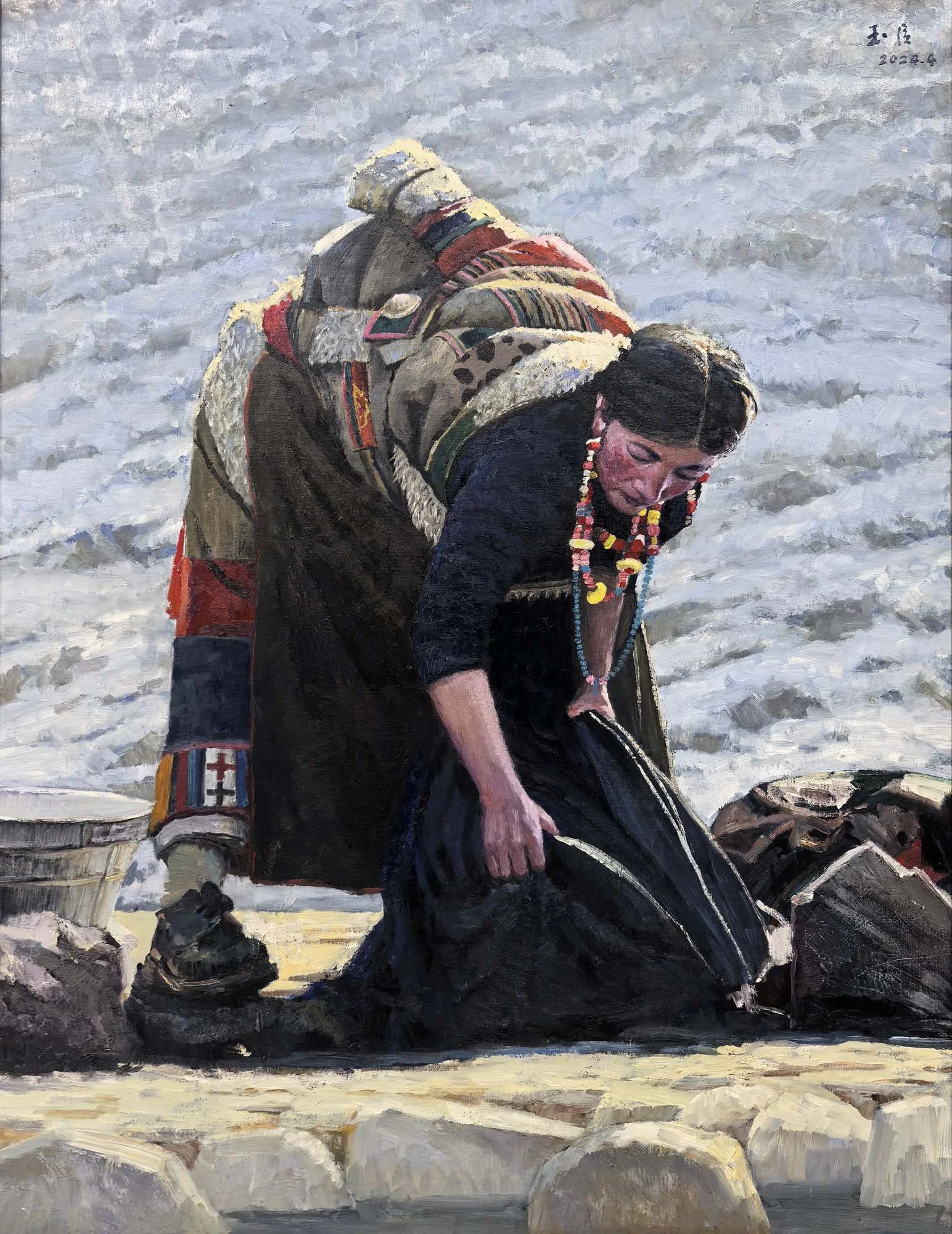 "Femme tibétaine lavant du sable" 150×115cm, 2024