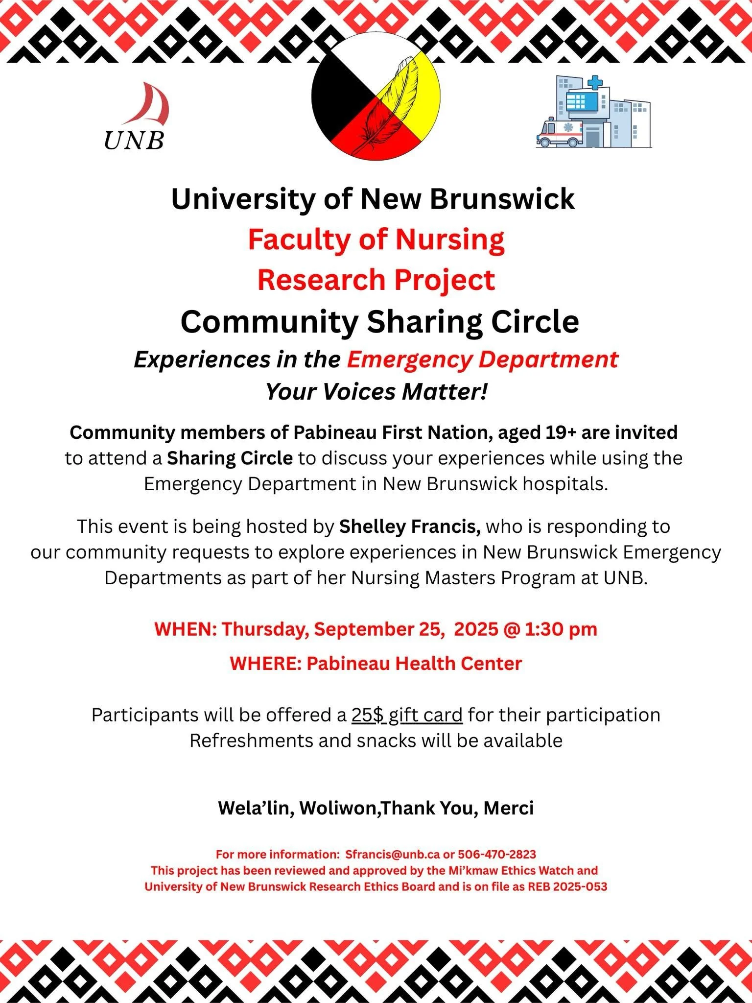 UNB Nursing Research Project – Sharing Circle at Pabineau Health Center