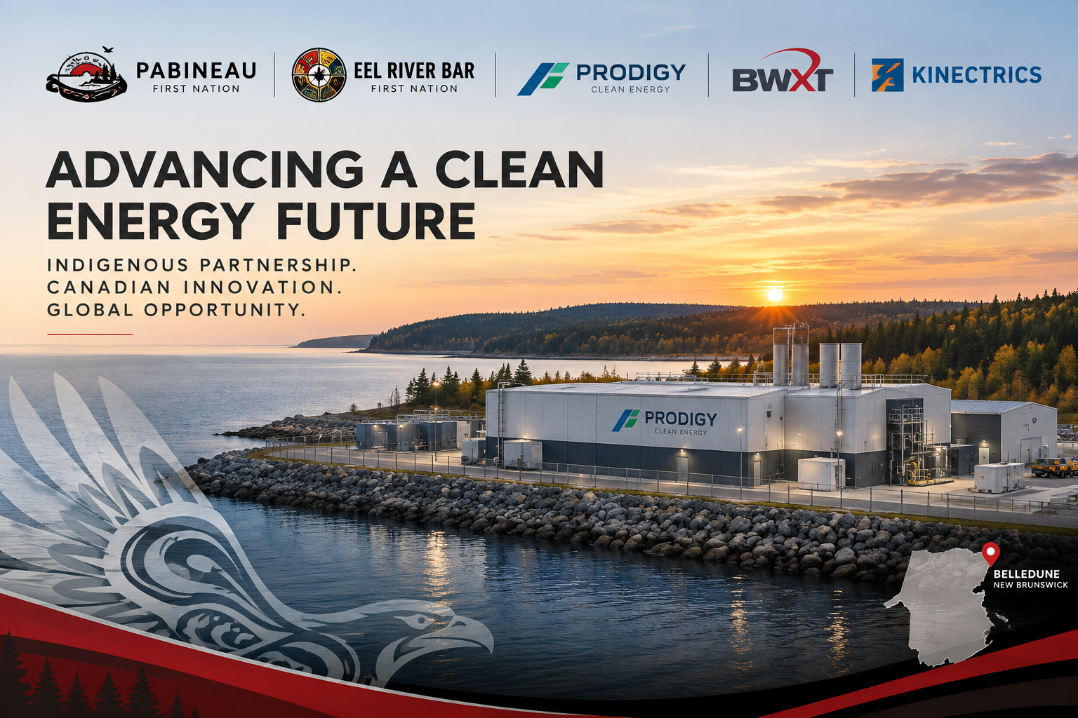 Conceptual illustration of a proposed transportable nuclear energy facility in Belledune, New Brunswick, highlighting Pabineau First Nation and its industry partners.