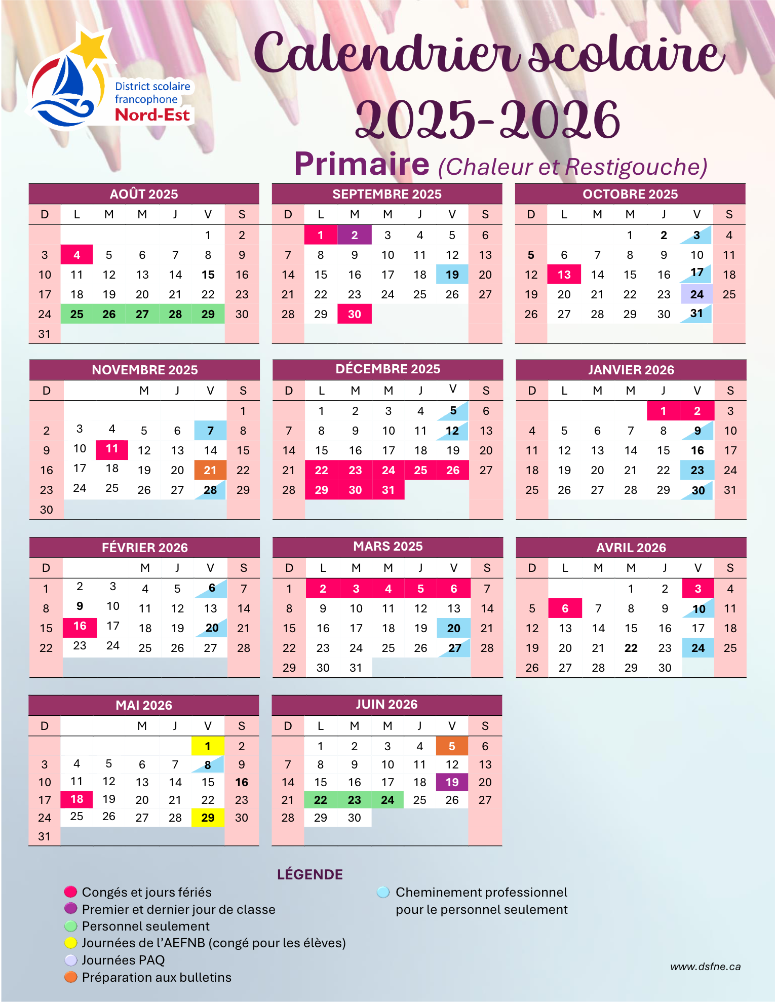 DSF-NE Calendrier scolaire 2025-2026 - Primaire