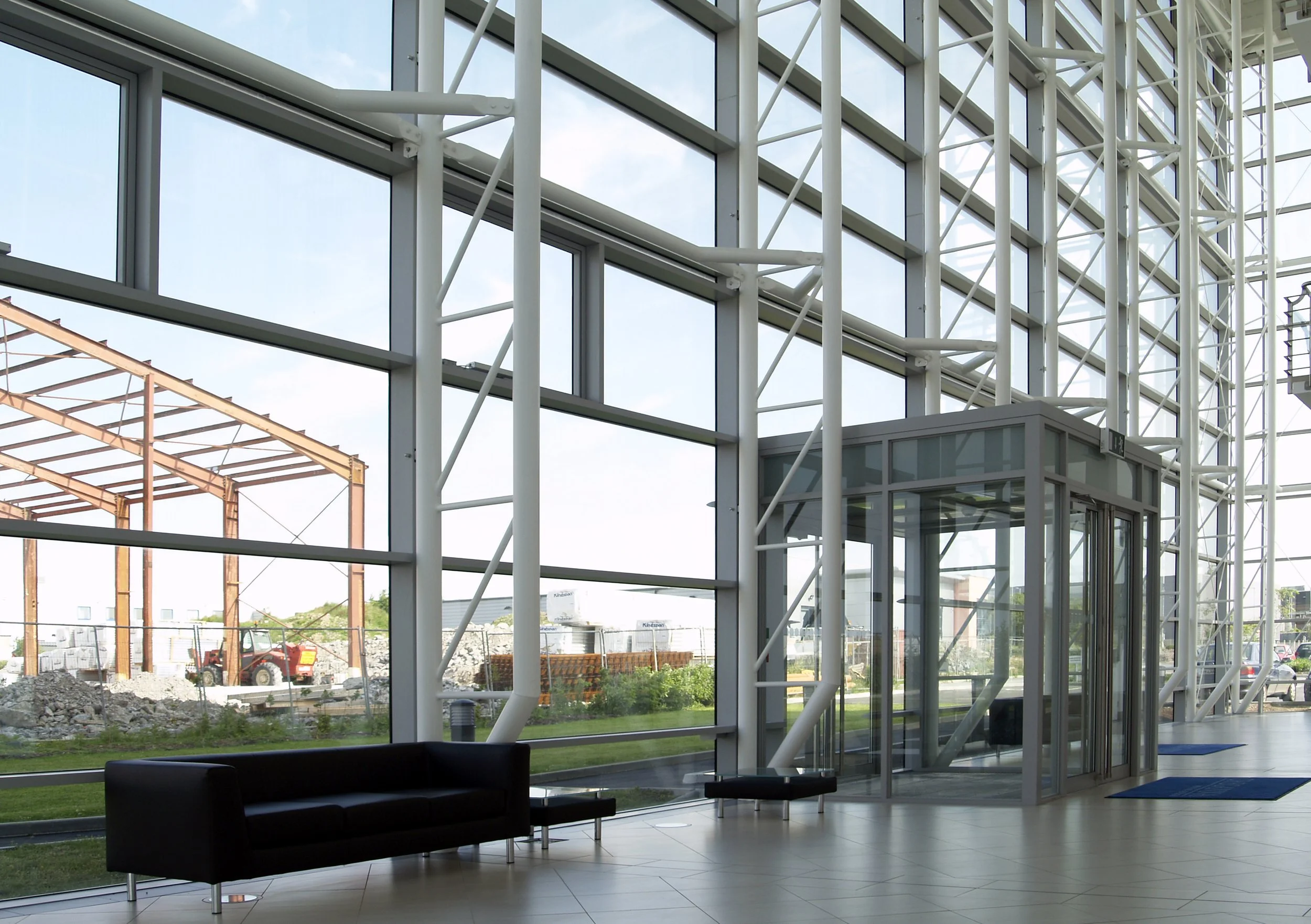 Inside view of large windows of entry way