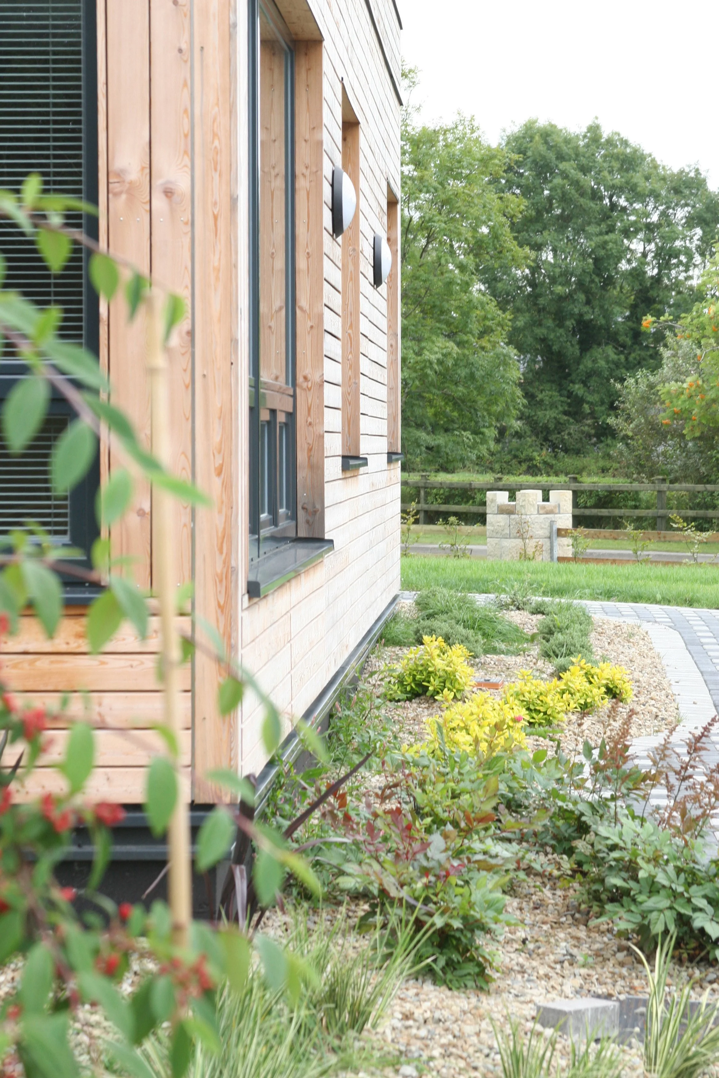 Side of care centre with wood panelling