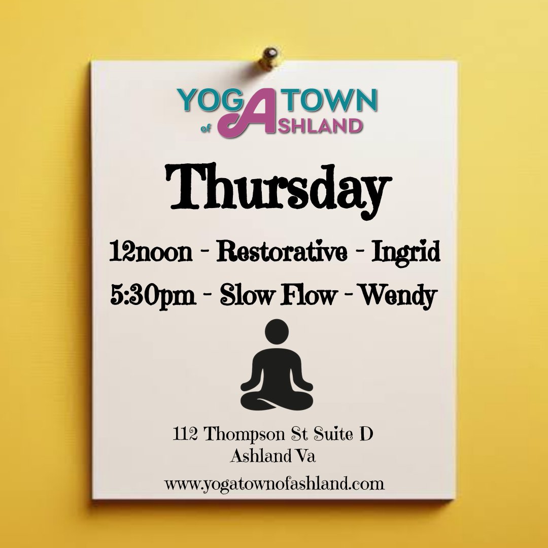 Come yoga with us today! #yogatownofashland #yogalife #ashlandva #hanovercountyva #hanoverva #thursdaymotivation #supportlocal #practiceisprogress #restorativeyoga #breathe #release #stressrelief #stressmanagement #selfcare #yoga #rva #thingstodoinrv