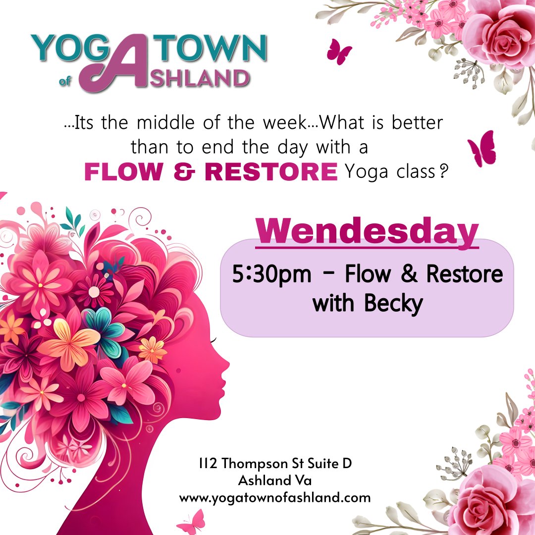Happy Wednesday! Join us this evening..... Flow &amp; Restore Class at 5:30pm with Becky!
#yogatownofashland #ashlandva #flow #yoga #yogalife #restore #practiceisprogress #breath #release #breatheandrelease #hanovervay #hanovercountyva #rva #centralv