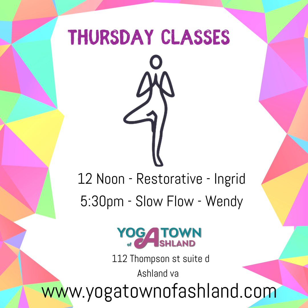 Happy Thursday everyone! Come Yoga with Us today! 
#yogatownofashland #ashlandva AND dont forget to sign up for tomorrow's Breath Work/Affirmations Sound Bath event! Only a few spots left!! #soundbathrva #affirmations #breathwork #restorative #slowfl