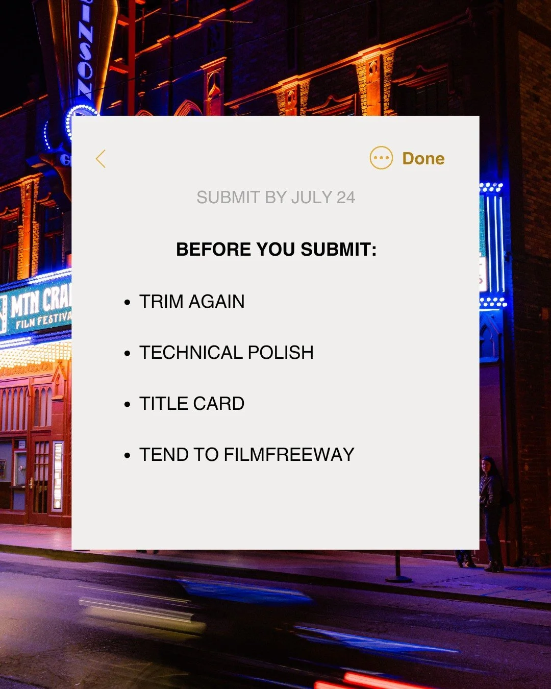 Filmmakers! 🫵 About to hit 'submit' on FilmFreeway?

Do these things first to increase the chance of seeing your short on the big screen. 👆

#filmfestivaltips