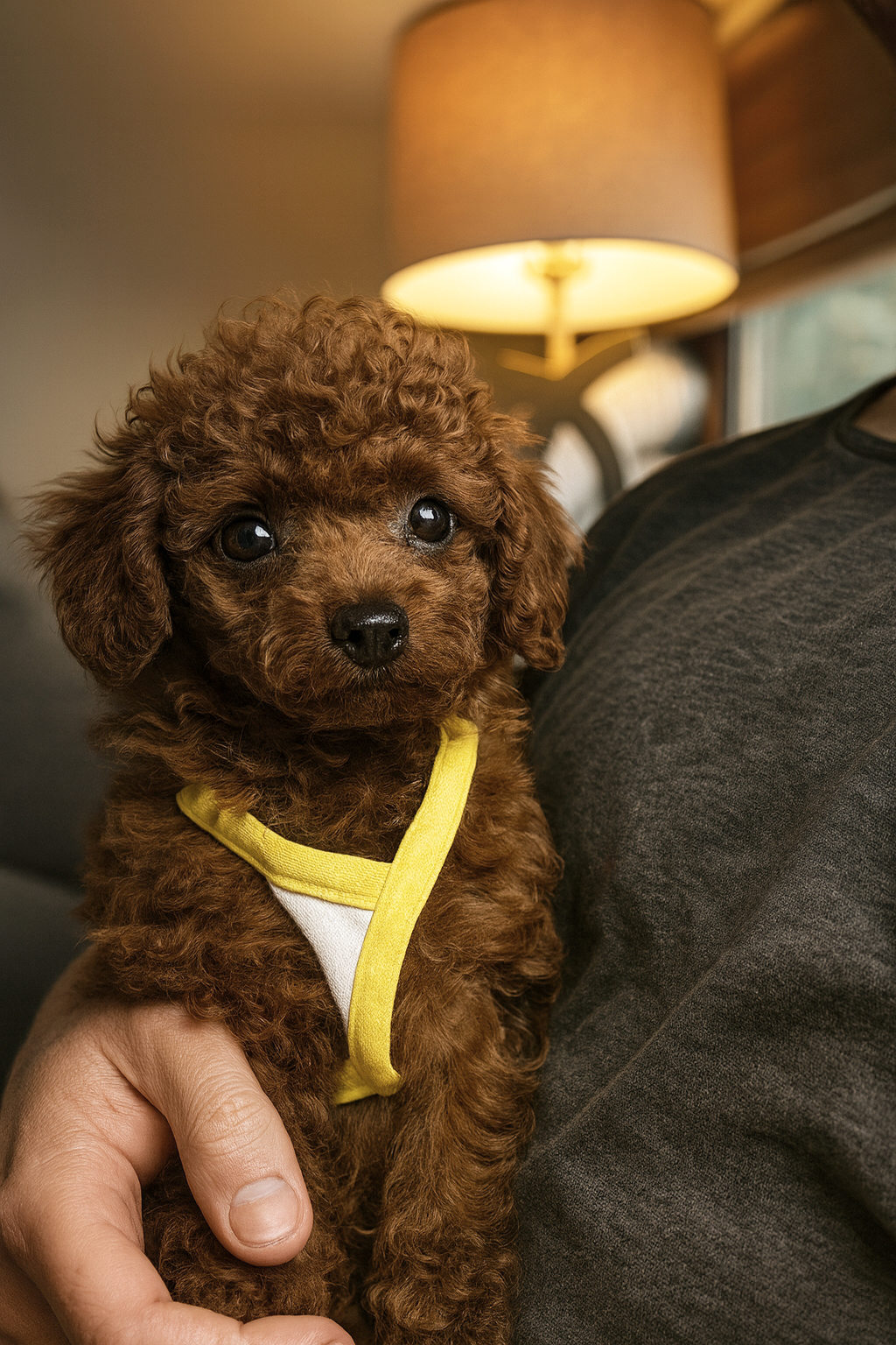Teacup poodle named Leo with curly red coat staring into the camera sitting on his furdad's lap