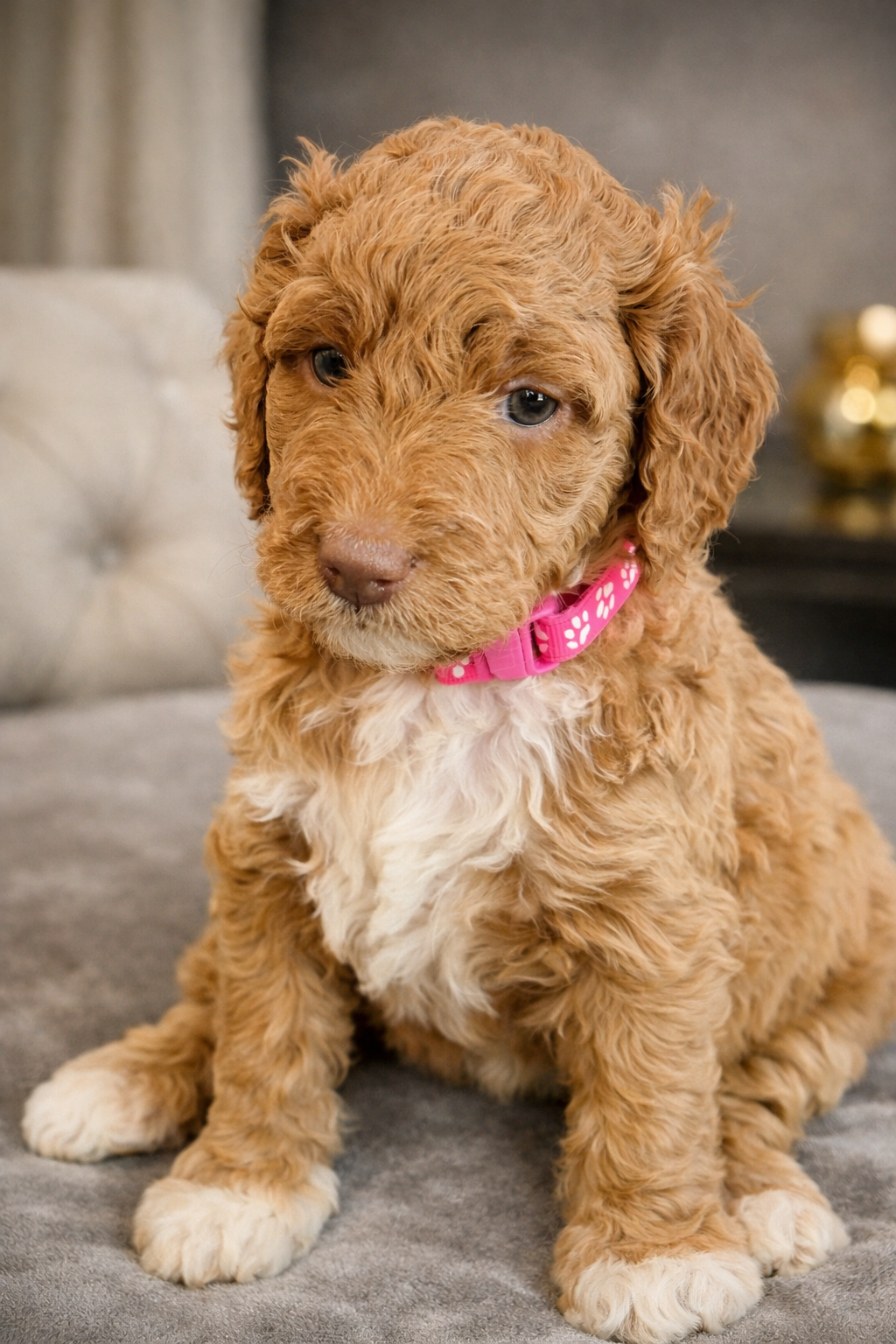 A cute, fluffy brown puppy with light blue eyes wearing a pink collar with white paw prints, sitting on a gray surface.