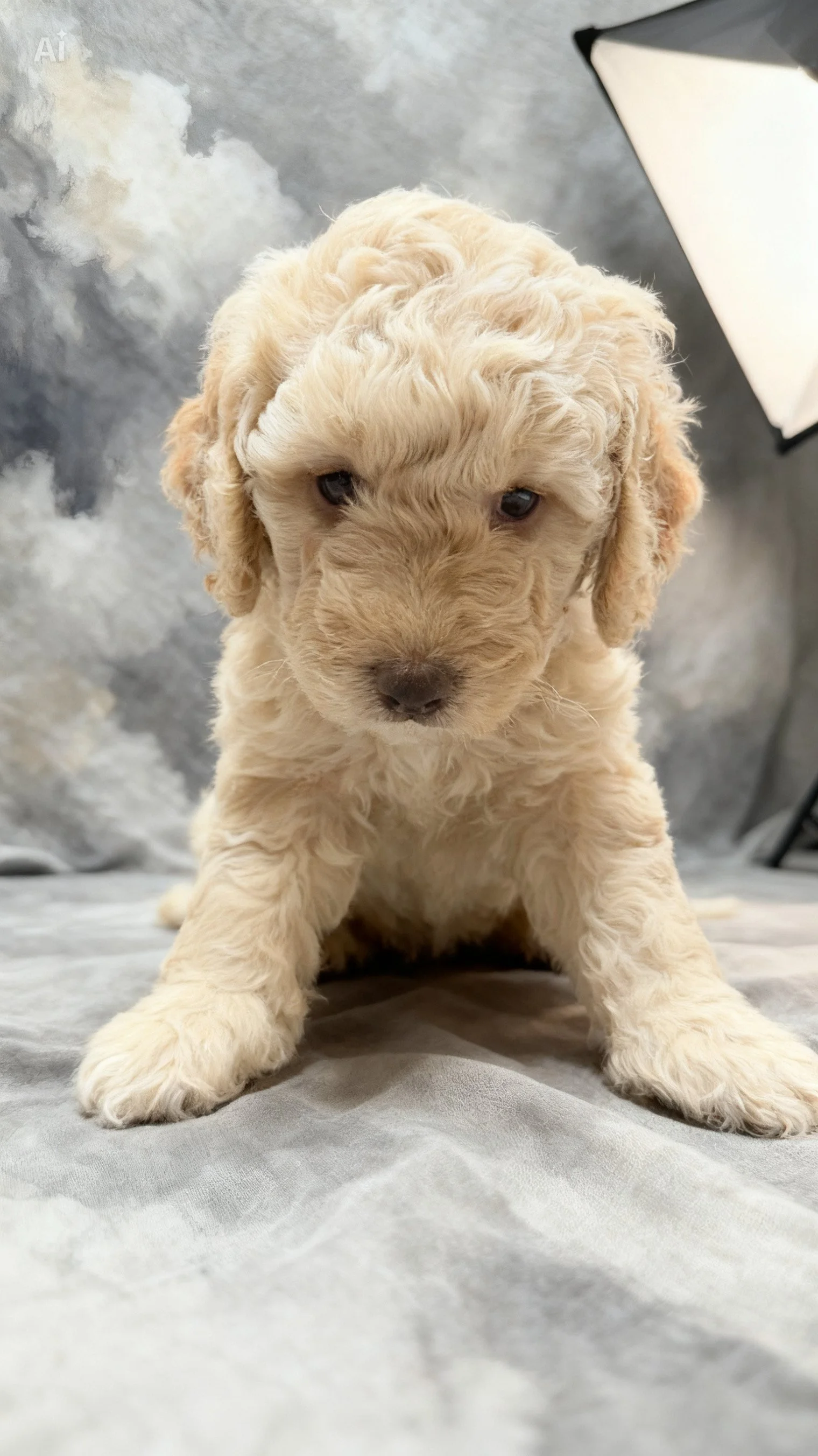 A cute, light-colored, curly-haired puppy looking directly at the camera on a soft gray surface with a studio backdrop.