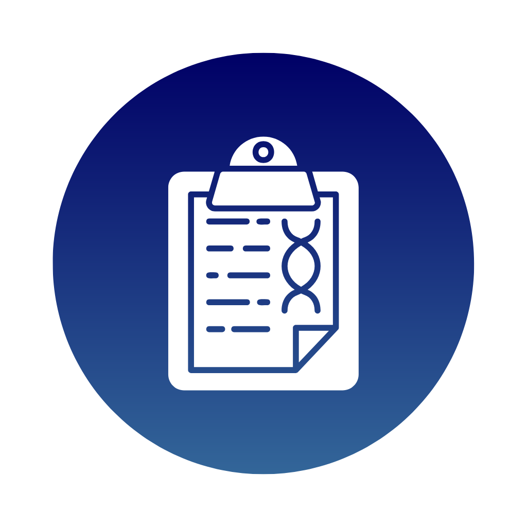 Goldendoodle health testing icon showcasing a clipboard with a DNA strand, representing responsible breeding practices and genetic health assurance. Featured on the Kid's Best Doodle website to highlight commitment to ethical breeding and puppy care.