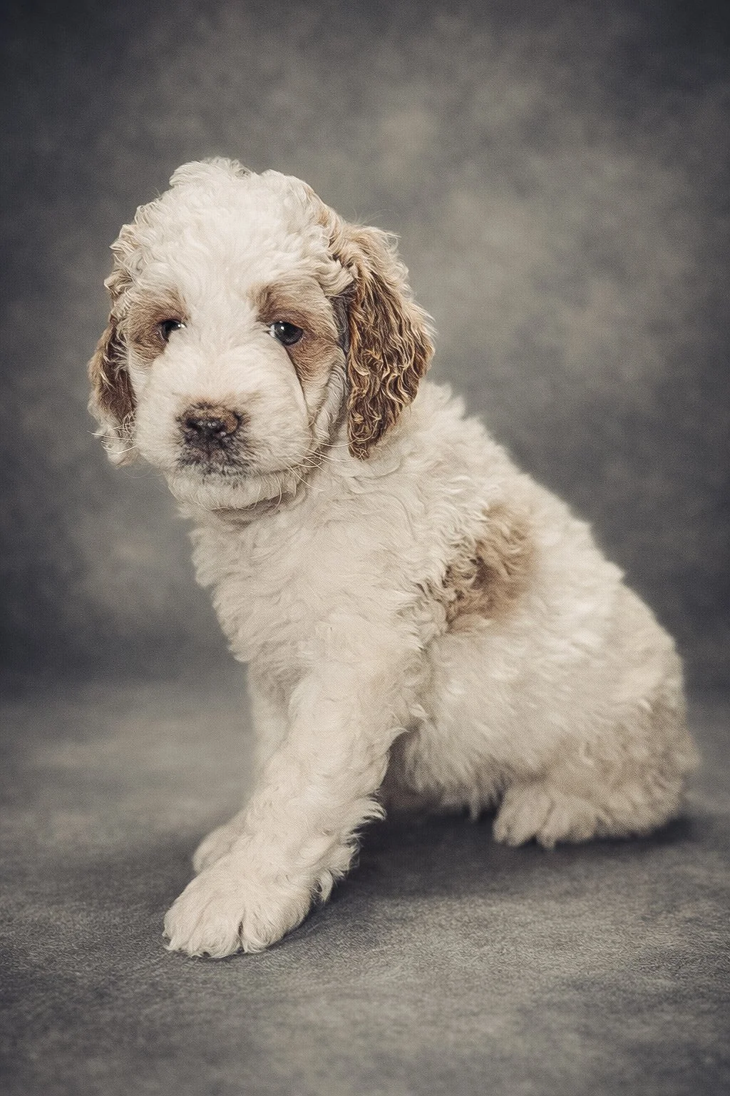 A cute cream-colored puppy with curly fur, brown ears, and expressive eyes sitting on a gray surface against a gray background.