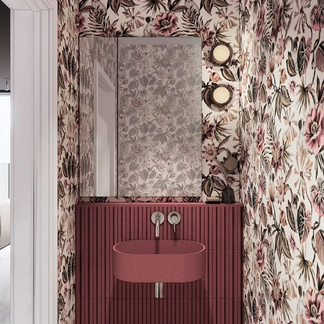 Cherry tinted concrete sink, mounted to a matching concrete backsplash for this upcoming boho inspired powder room.

Really excited about this!

Sink is from @crete_collective 
Crisp Sconce from @rbw_studio 
Big thanks to @rescombuilds 
.
.
.
.
#inte