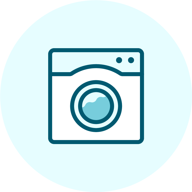 Illustration of a washing machine on a light blue circle background.