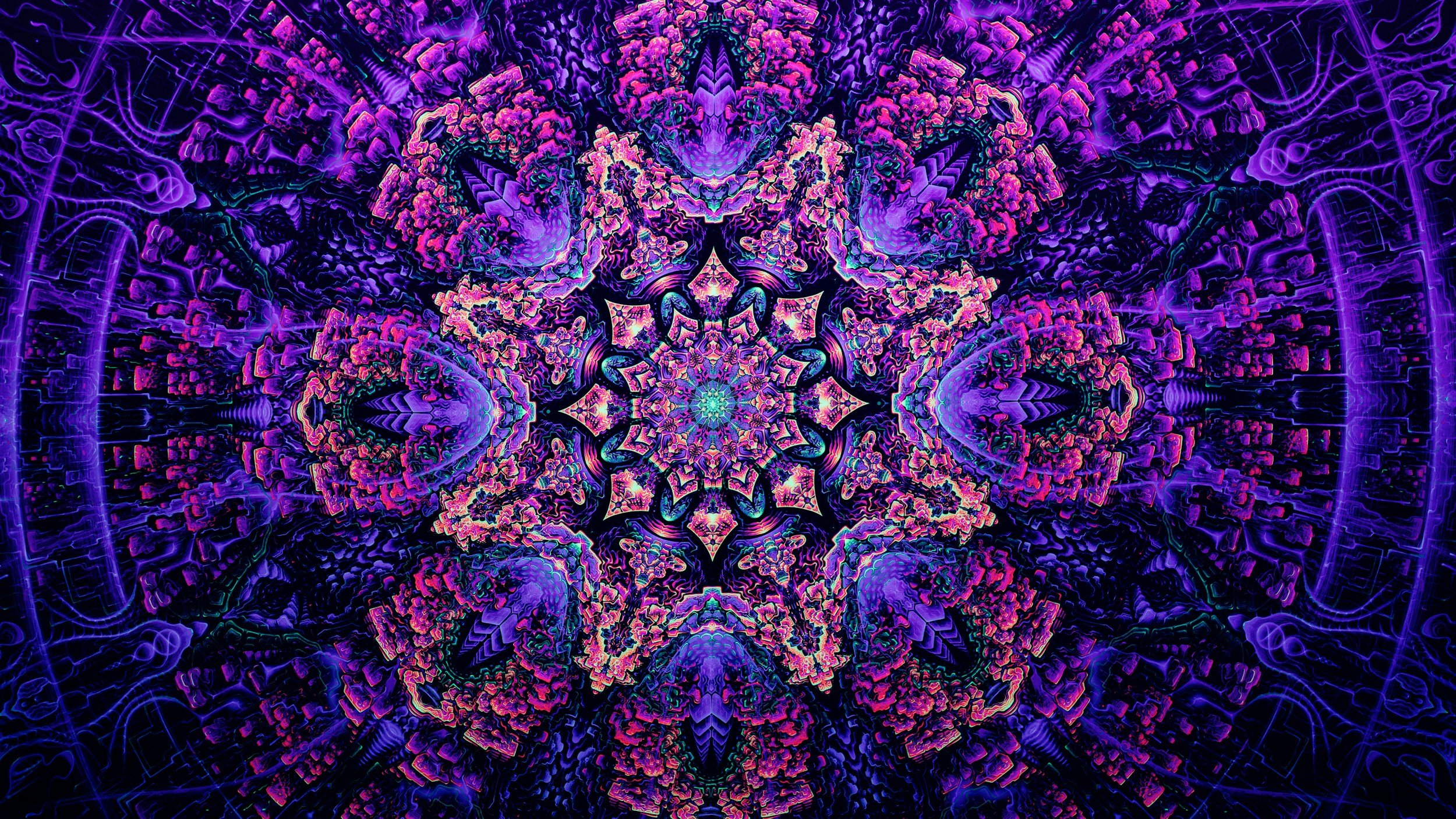 A vibrant, neon-colored kaleidoscope pattern with shades of purple, pink, and blue, creating a symmetrical, intricate design.