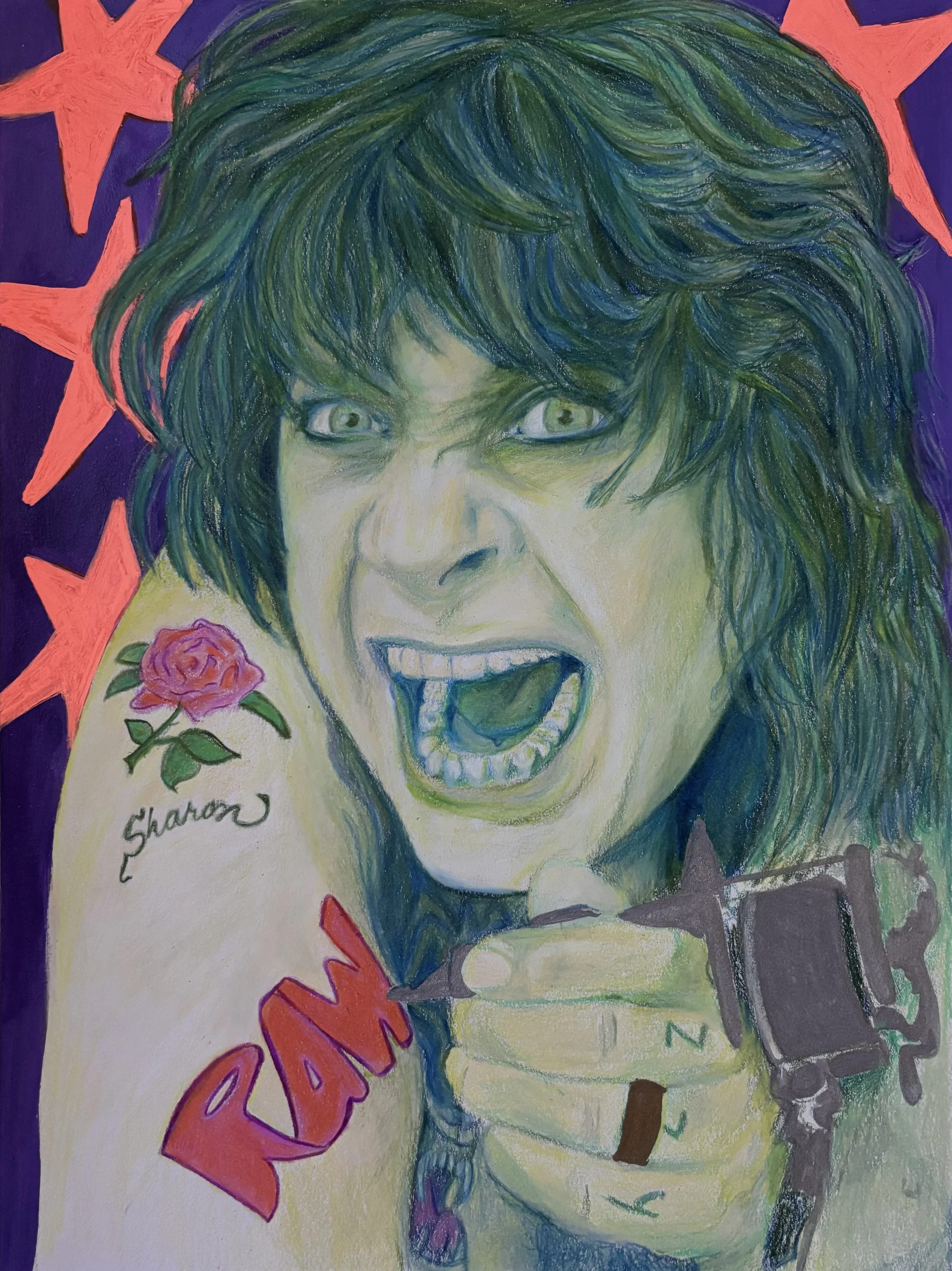Ozzy II, 9x12, 2025; colored pencil, acrylic paint, and metallic ink on archival paper.
