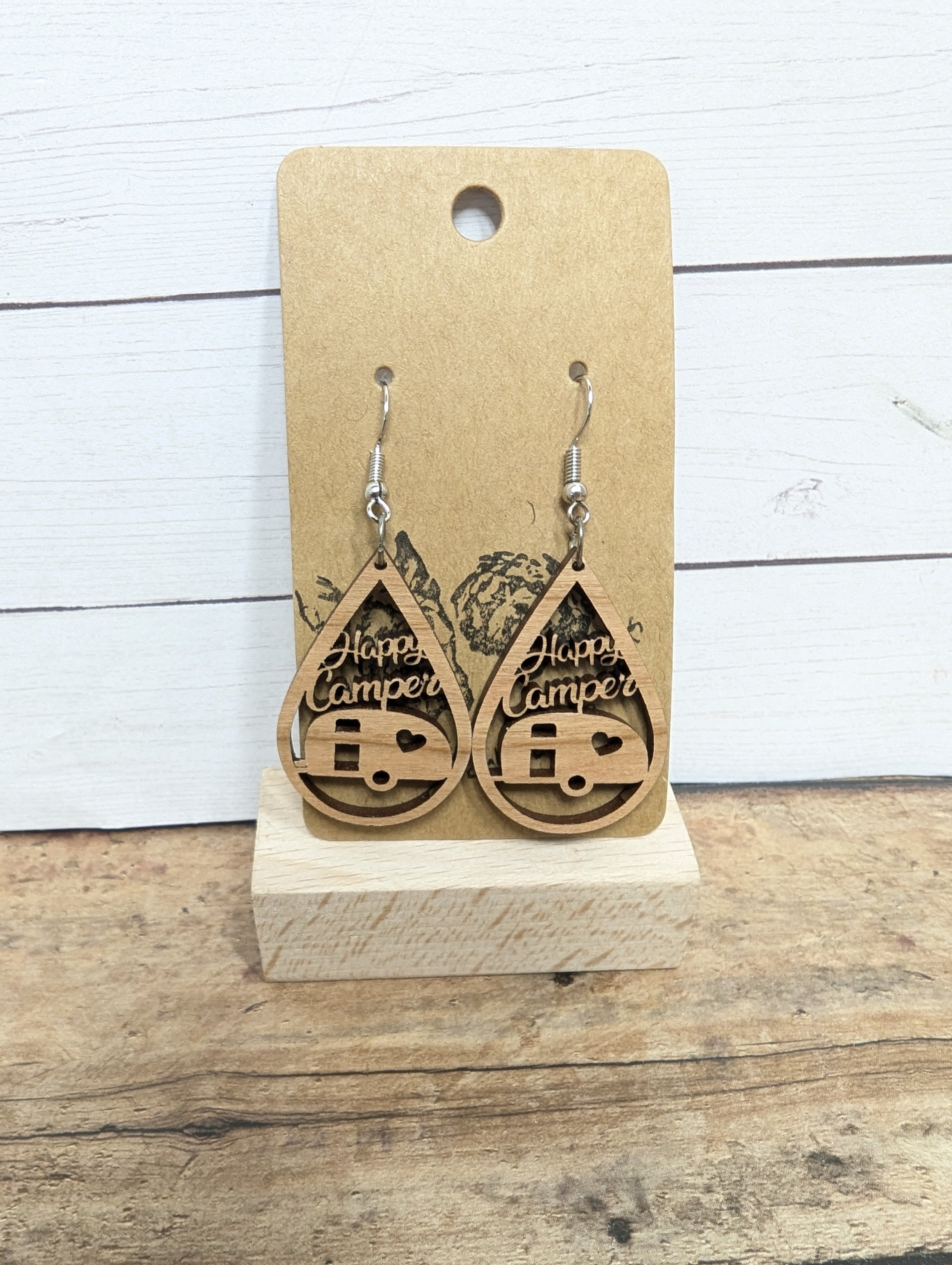 Laser Cut Happy Camper Wooden Earrings
