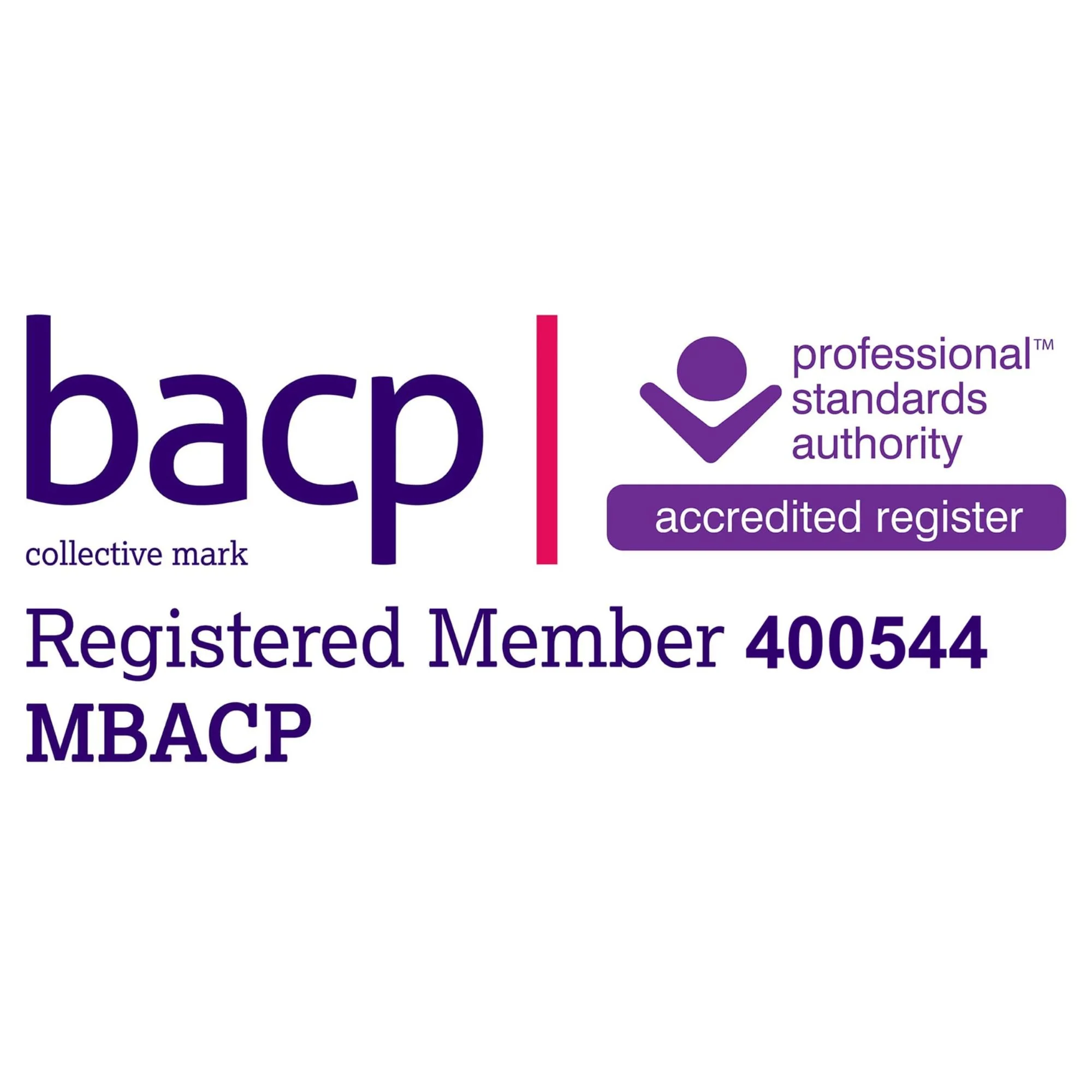 BACP logo with Professional Standards Authority accredited register mark. Registered Member 400544, MBACP.