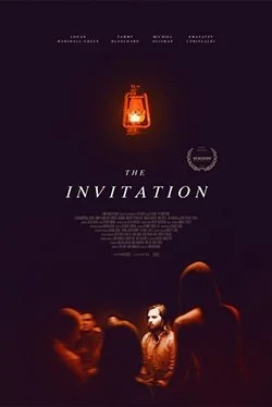 Dark background with a glowing lantern at the top, the title 'The Invitation' in the center, and a blurry image of a woman and a man at the bottom.