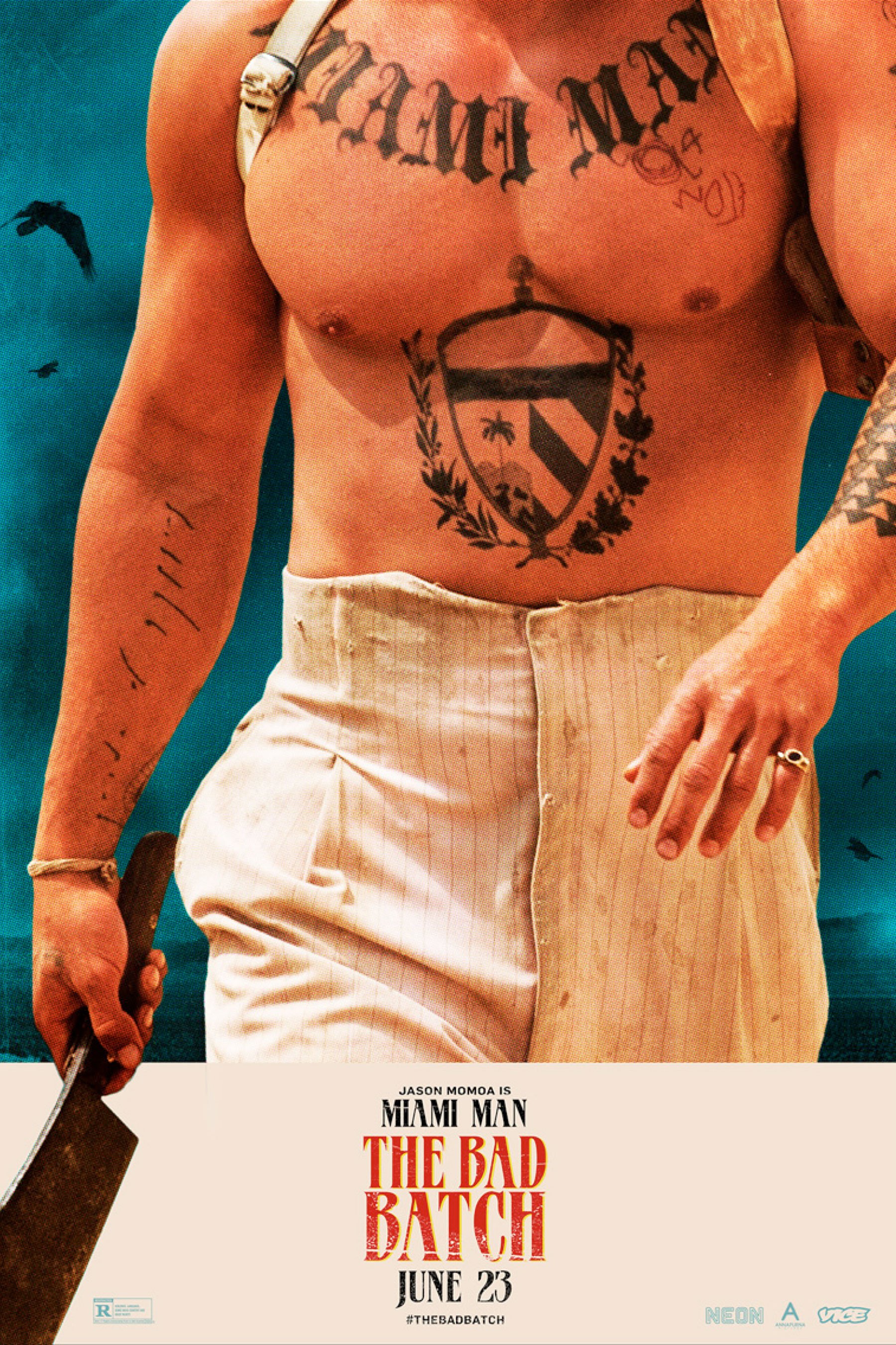 A person with multiple visible tattoos on their chest, arm, and hand, wearing a white or light-colored short-sleeve shirt, holding a gun in their right hand, standing against a blue background with birds flying.