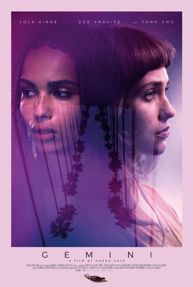 Movie poster for 'Gemini' featuring portraits of two women with overlapping palm trees and sunset in the background.